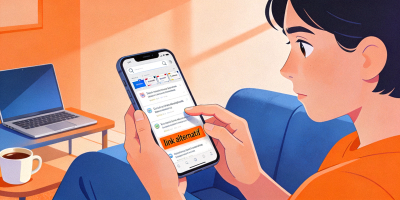 Ilustrasi seseorang sedang mencari link alternatif di internet menggunakan smartphone